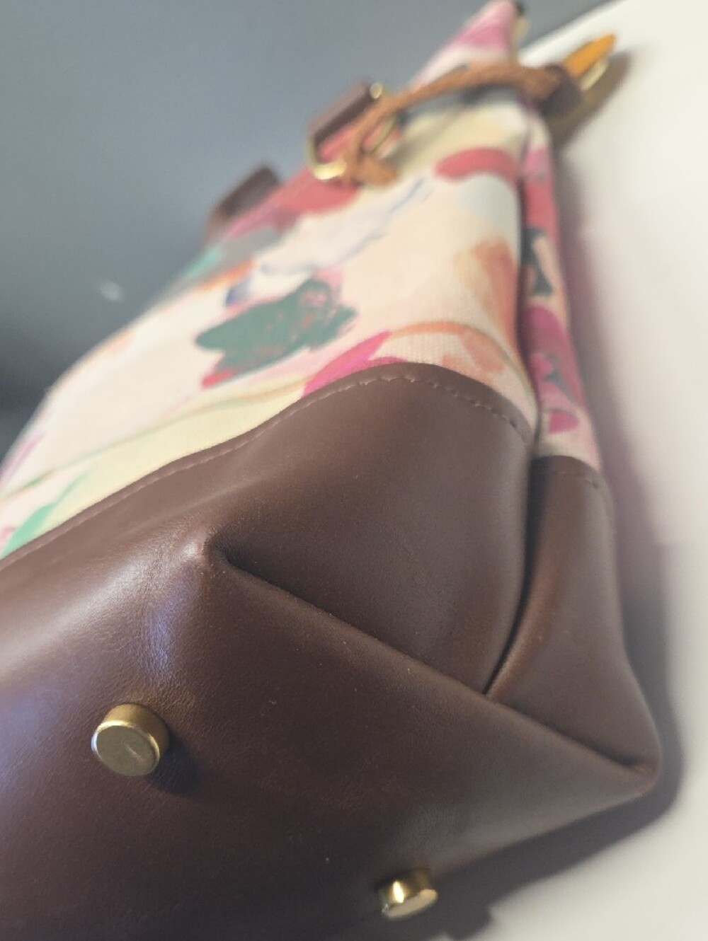 R. Riveter Floral Canvas Tote in Pink and Cream with Brown Trim - Picture 4 of 10